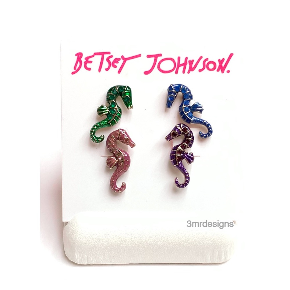 NWT Betsey Johnson 💋GLITTER REEF Gold Tone Crystals 4 Seahorses Stud Earrings
